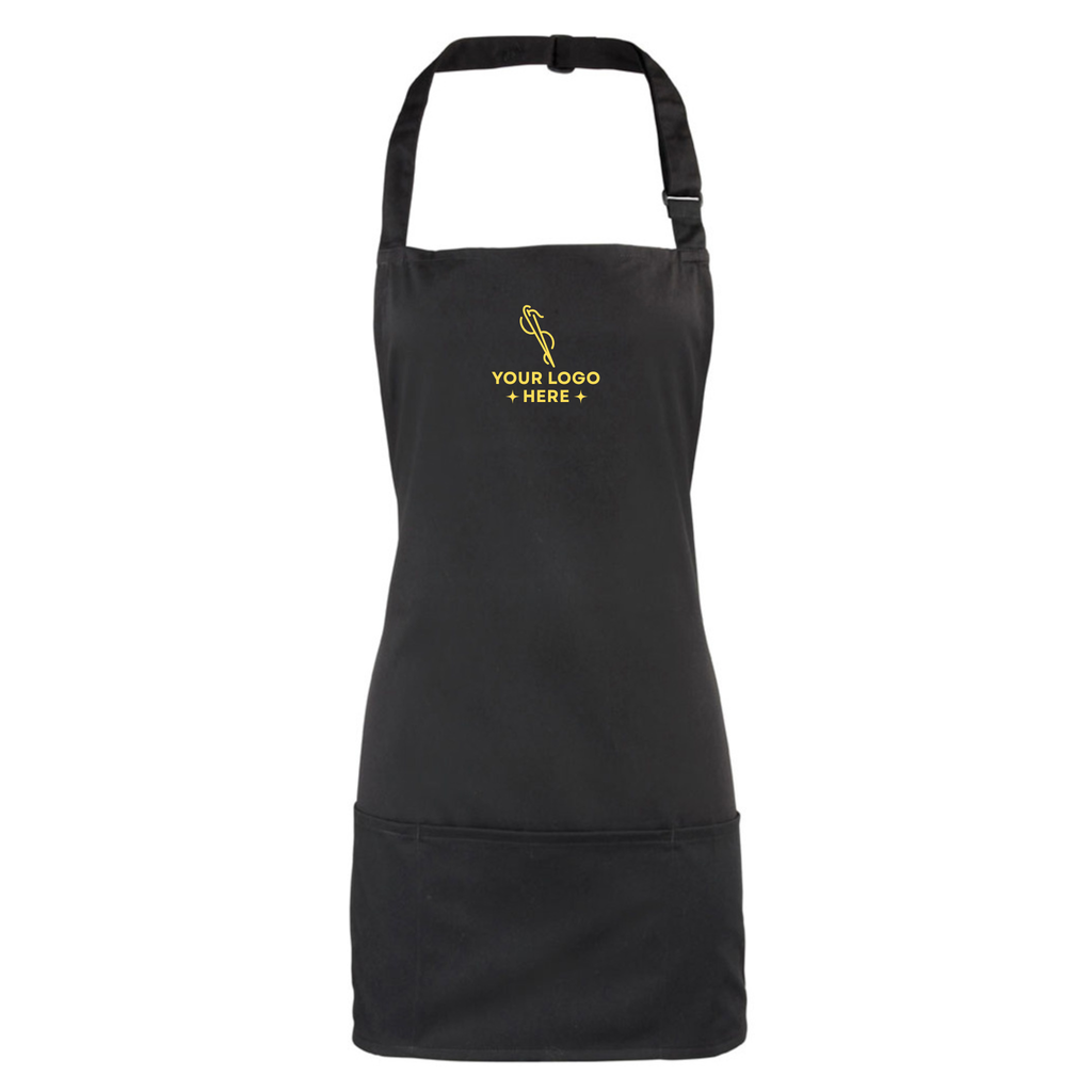 Black apron with yellow text and logo placeholder on a white background